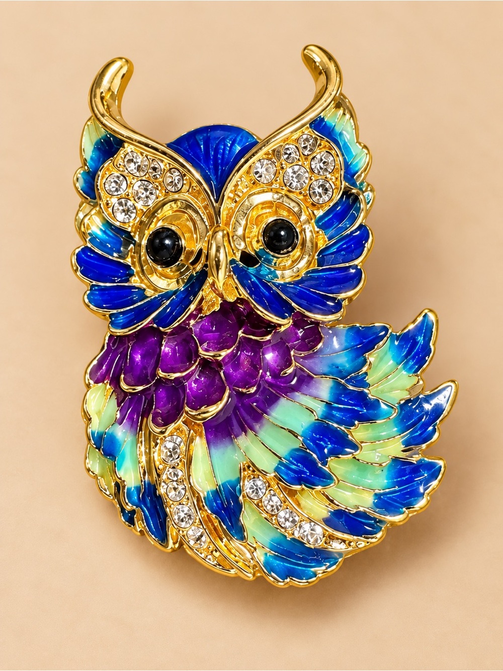 Gold-Tone Multicolor Owl Brooch Pin - Blue, Purple & Teal